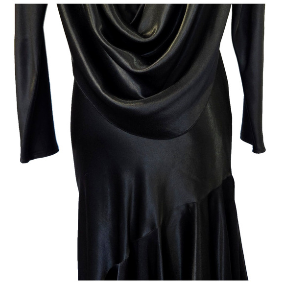 Vintage 80s Black Satin Dress Size 8 S Cowl Back Bias Cut 20s Style Art Deco - Picture 6 of 11